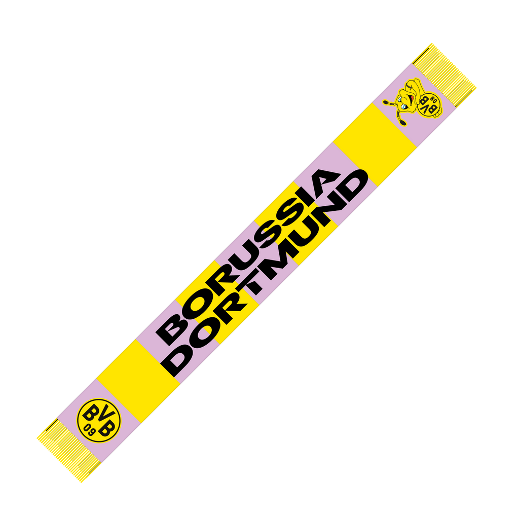 BVBキッズスカーフ。ブラックとイエローのブロックストライプ柄に「Borussia Dortmund」の文字とBVBロゴが入った、若き才能を象徴するデザインで、若いファンに最適です。
