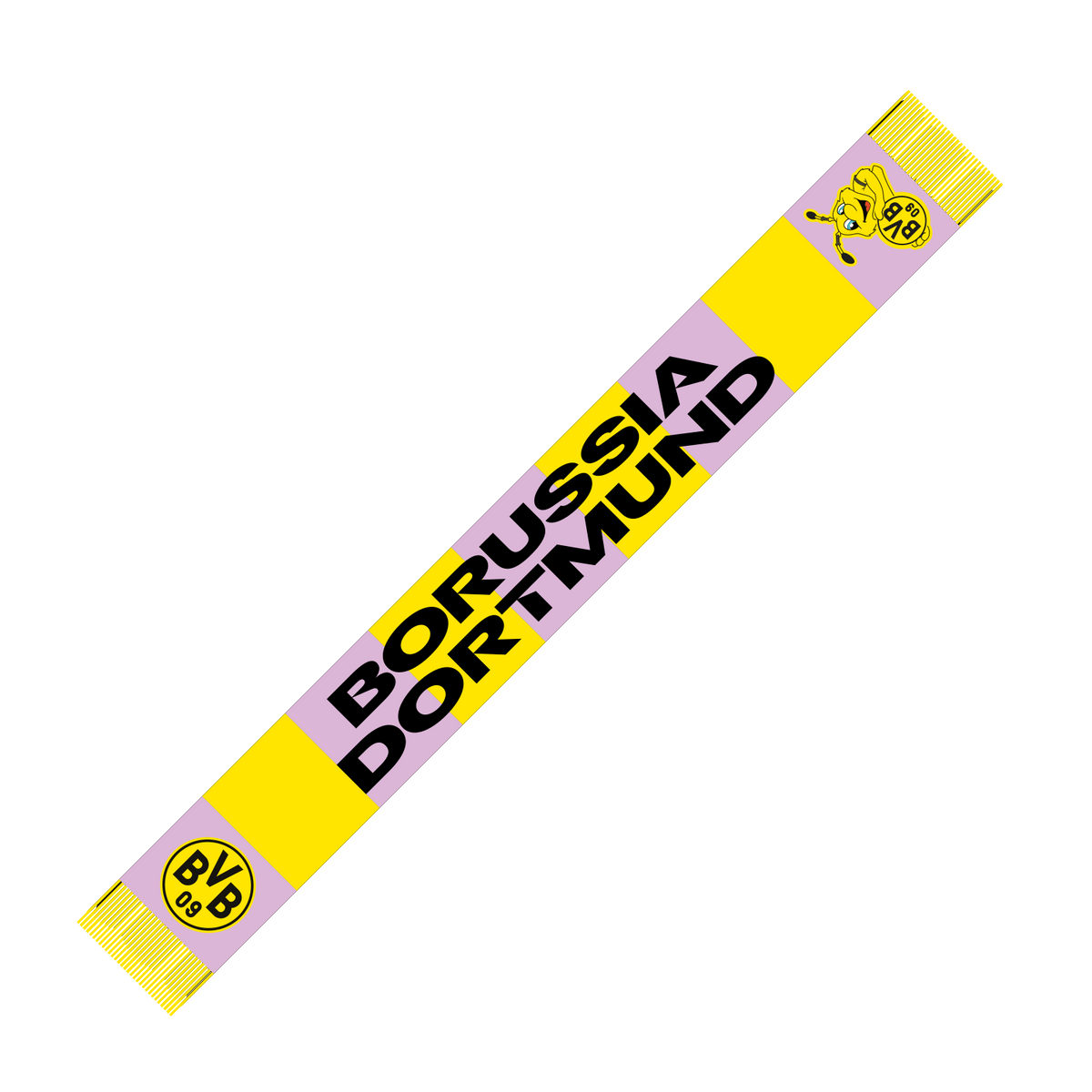 BVB-Kinderschal Nachwuchstalent in schwarzgelben Farbblockstreifen mit Borussia Dortmund-Schriftzug und BVB-Logo, ideal für junge Fans.