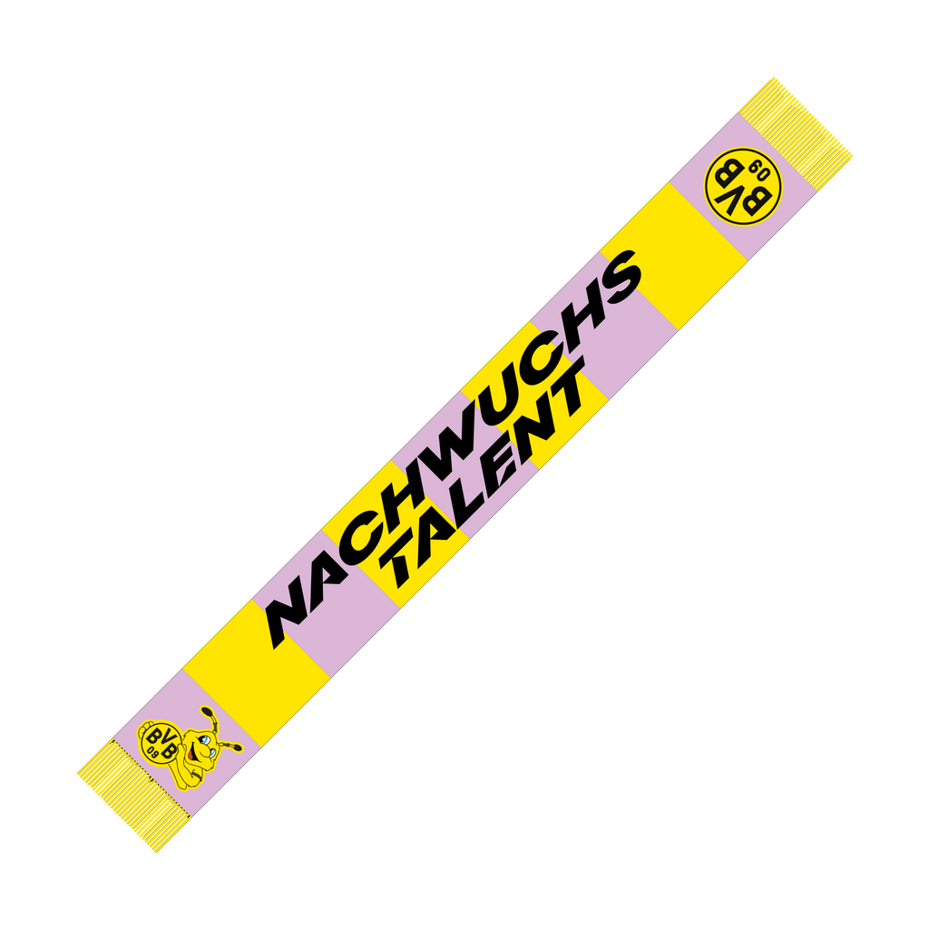 BVB キッズスカーフ。ブラック＆イエローを基調とし、パープルのアクセントとBVBロゴをあしらった、ボルシア・ドルトムントの若いファンにぴったりのグッズです。