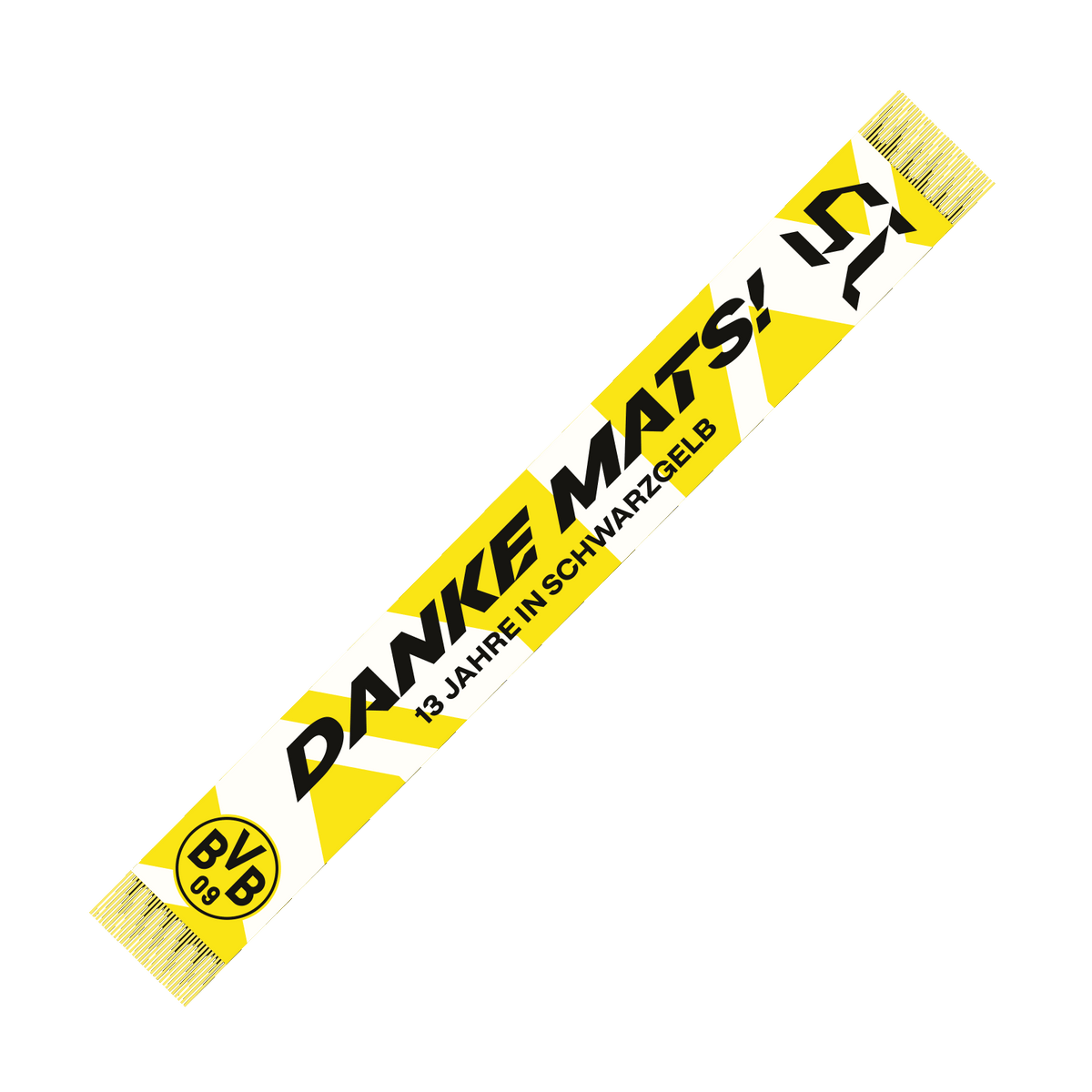 BVB-Schal mit der Aufschrift 'DANKE MATS! 13 JAHRE IN SCHWARZGELB', BVB-Logo und auffälligem schwarzgelbem Design, als Abschiedsgeschenk für Mats Hummels.