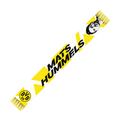 Schwarzgelber BVB-Schal mit der Aufschrift 'Mats Hummels', BVB-Logo und stilisierter Spielerabbildung, designed als Abschiedsschal des Spielers.