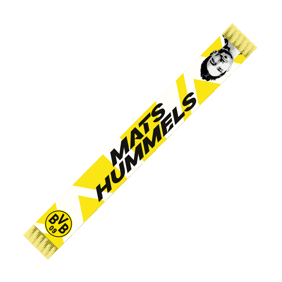 Schwarzgelber BVB-Schal mit der Aufschrift 'Mats Hummels', BVB-Logo und stilisierter Spielerabbildung, designed als Abschiedsschal des Spielers.