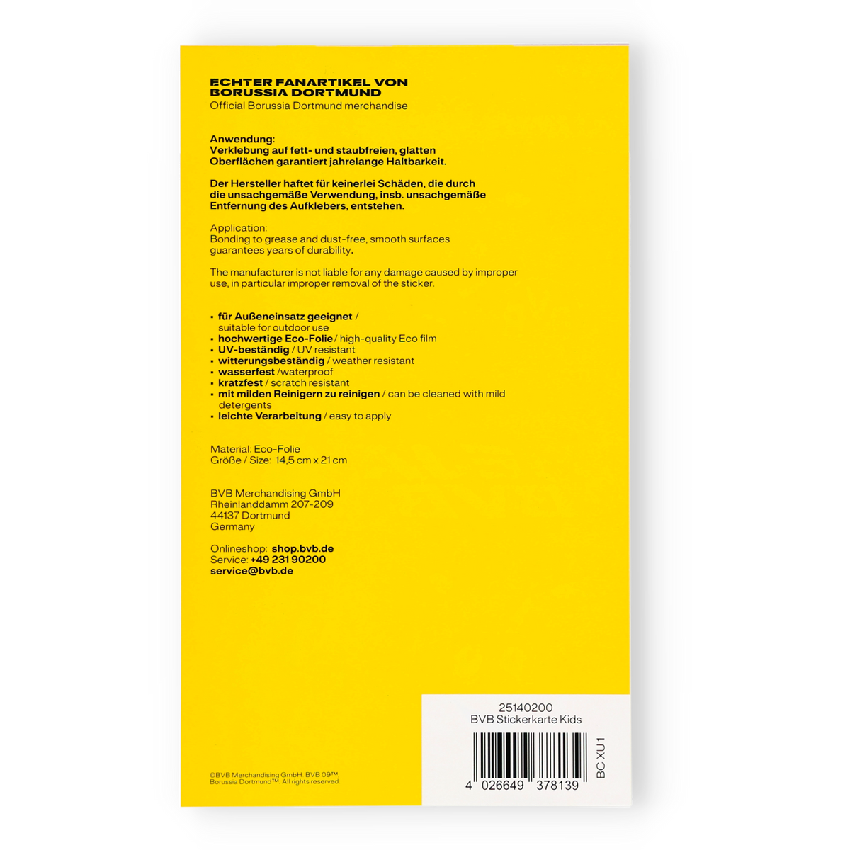 Tarjeta de cromos del BVB para niños, producto oficial del Borussia Dortmund, fabricada con una lámina ecológica de alta calidad, resistente a la intemperie y a los arañazos.