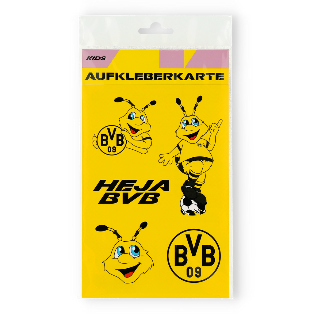 BVB-themed sticker card for kids featuring the EMMA mascot, BVB 09 logos, and "Heja BVB" lettering on a yellow background.