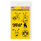 BVB-themed sticker card for kids featuring the EMMA mascot, BVB 09 logos, and "Heja BVB" lettering on a yellow background.