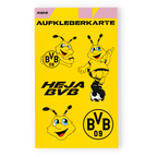 BVB sticker card for kids featuring various EMMA designs, "Heja BVB" lettering, and BVB 09 logos in black-and-yellow.