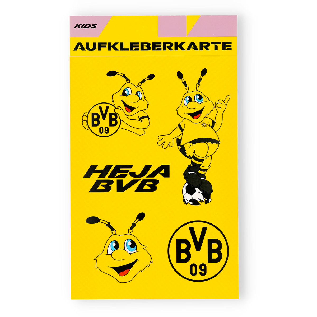 Tarjeta de pegatinas del BVB para niños con diferentes motivos de EMMA, la inscripción «Heja BVB» y los logotipos del BVB 09 en diseño negro y amarillo.