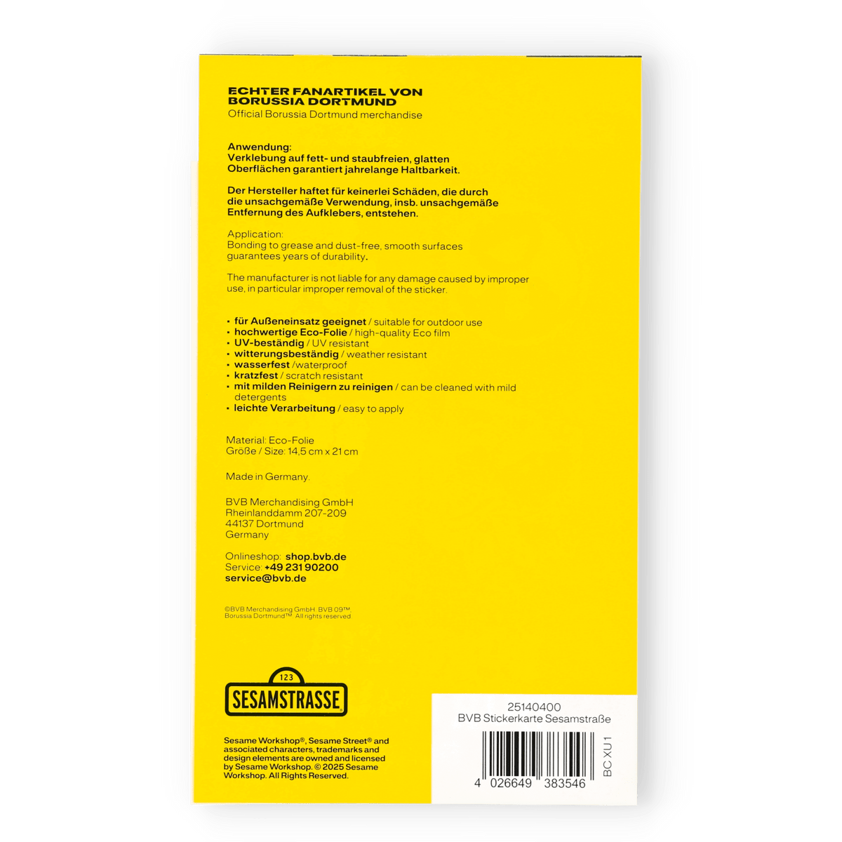 Official BVB sticker card featuring a Sesame Street design, made of high-quality, weather-resistant eco-film, suitable for outdoor use.