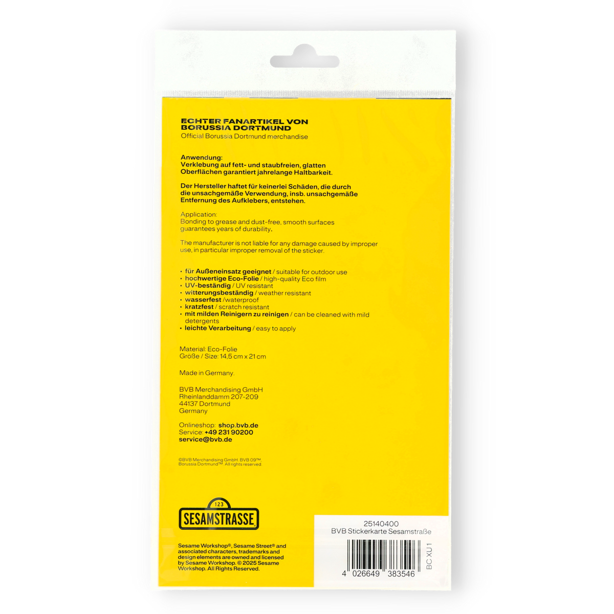 The back of the BVB sticker card featuring a Sesame Street design. It displays a yellow layout with usage instructions, manufacturer information, and logos.