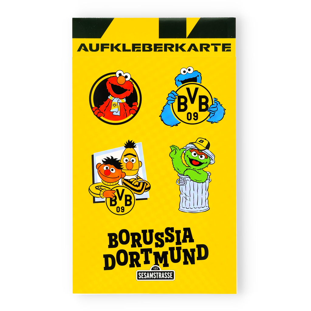Borussia Dortmund sticker card featuring Sesame Street characters such as Elmo, the Cookie Monster, Ernie, Bert, and Oscar. Perfect as fan merchandise for kids and collectors.