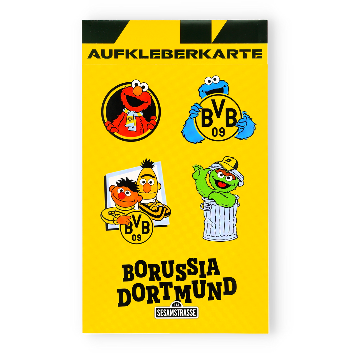 Stickerkarte von Borussia Dortmund mit Sesamstraße-Charakteren wie Elmo, Krümelmonster, Ernie und Bert sowie Oscar. Perfekt als Fanartikel für Kinder und Sammelbegeisterte.