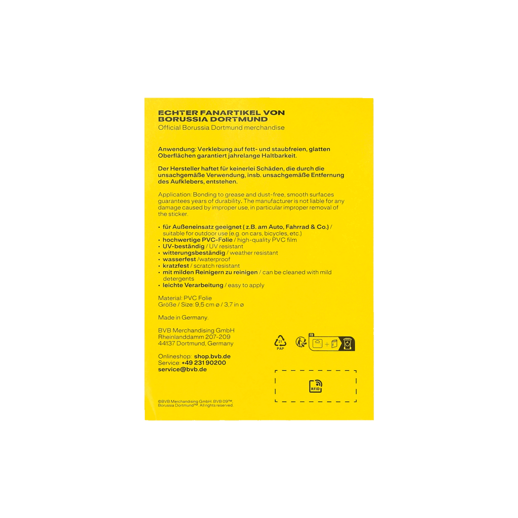 Autocollant officiel du BVB « Spiegel » en film PVC de haute qualité, résistant aux intempéries, aux UV et aux rayures. Idéal pour une utilisation à l'intérieur comme à l'extérieur.