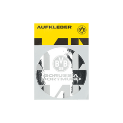 Autocollant rond du BVB avec le logo du Borussia Dortmund et une surface réfléchissante, idéal comme objet de fan ou comme décoration.