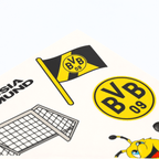 黒と黄色のデザイン、BVBのロゴ、旗、サッカーゴールのネットをモチーフにした装飾用のBVBウィンドウステッカー。ボルシア・ドルトムントのファンに最適です。