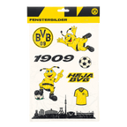 Autocollants décoratifs pour fenêtres aux couleurs du BVB, représentant le logo du club, l'année 1909, l'abeille EMMA, un ballon de football, l'inscription « Heja BVB » et la silhouette stylisée du stade.