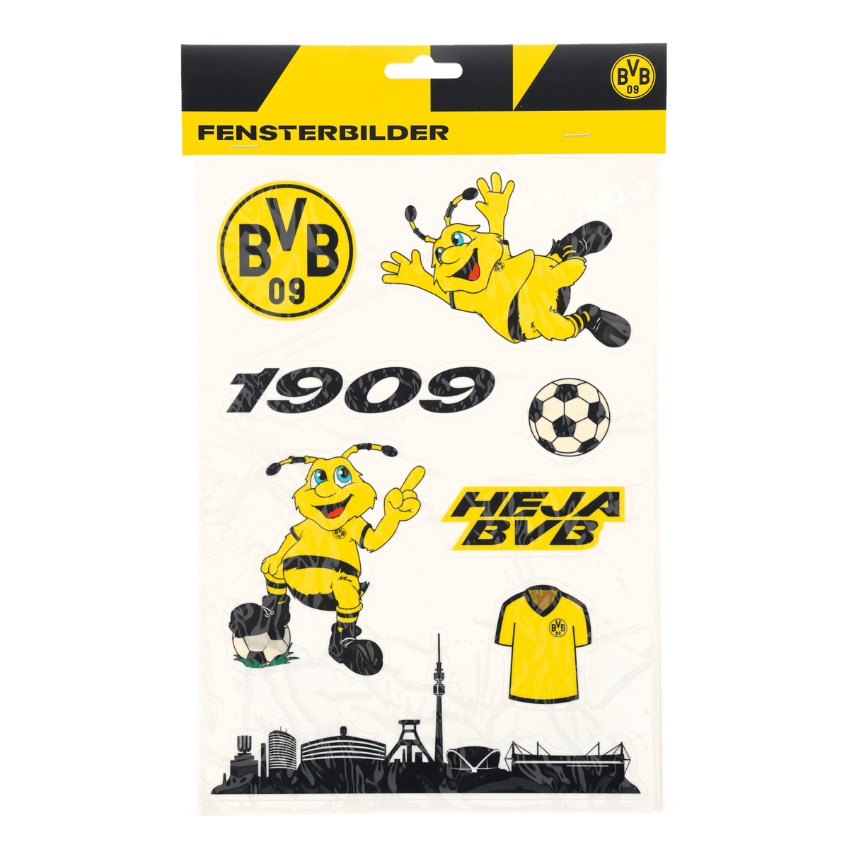 BVBのロゴ、1909年の年号、ミツバチのエマ、サッカーボール、「Heja BVB」の文字、そしてスタイリッシュに描かれたスタジアムのシルエットをあしらった、装飾用のBVBウィンドウステッカー。