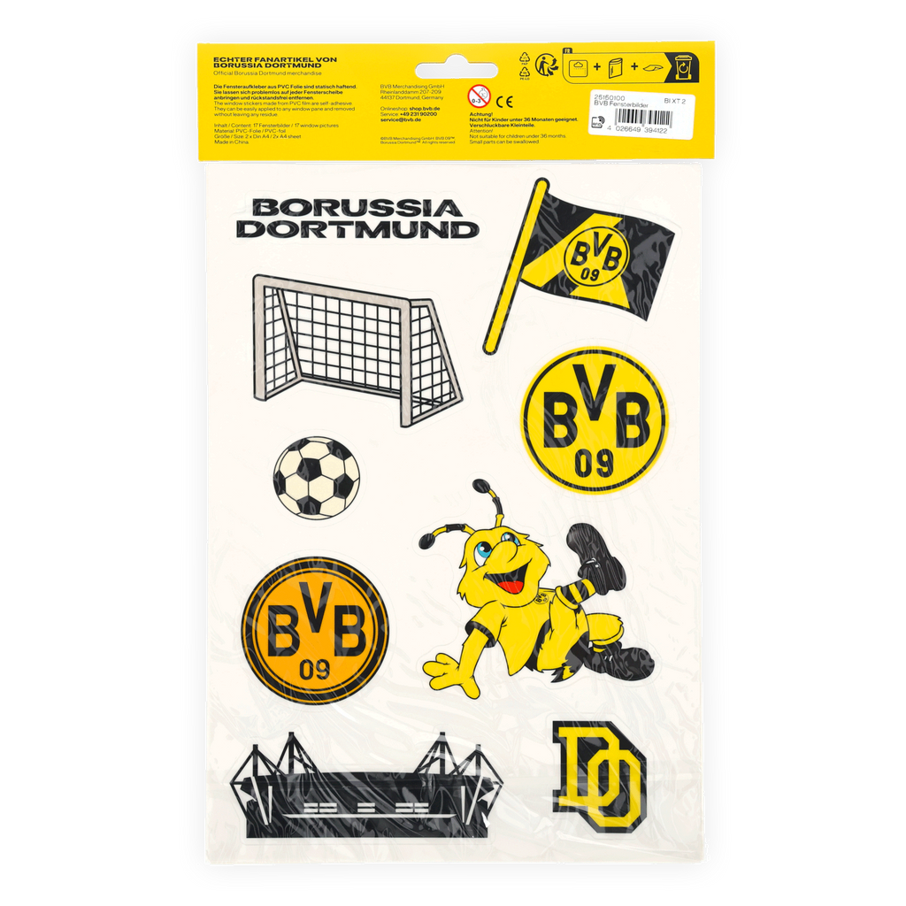 Autocollants de fenêtre aux couleurs noir et jaune du BVB, avec des motifs tels que le football, le logo du BVB, EMMA, le stade et le drapeau du BVB : de véritables produits dérivés du Borussia Dortmund.