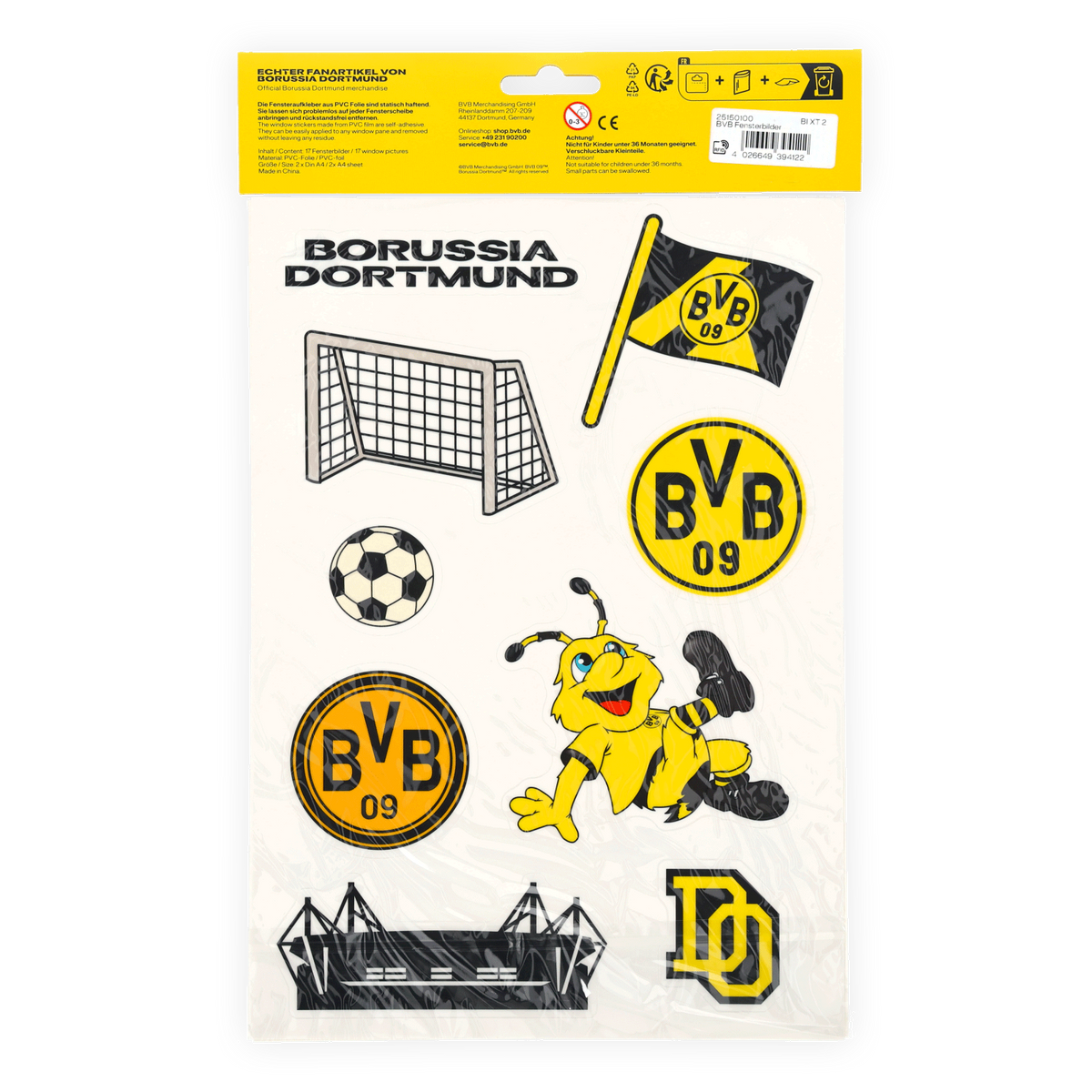 Autocollants de fenêtre aux couleurs noir et jaune du BVB, avec des motifs tels que le football, le logo du BVB, EMMA, le stade et le drapeau du BVB : de véritables produits dérivés du Borussia Dortmund.