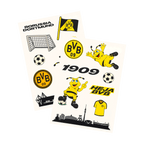 Lot d'autocollants pour fenêtres du BVB représentant différents motifs aux couleurs noir et jaune, tels que l'emblème du BVB, la mascotte EMMA, un ballon de foot, le stade et l'inscription « Heja BVB ». Idéal pour les supporters du Borussia Dortmund.