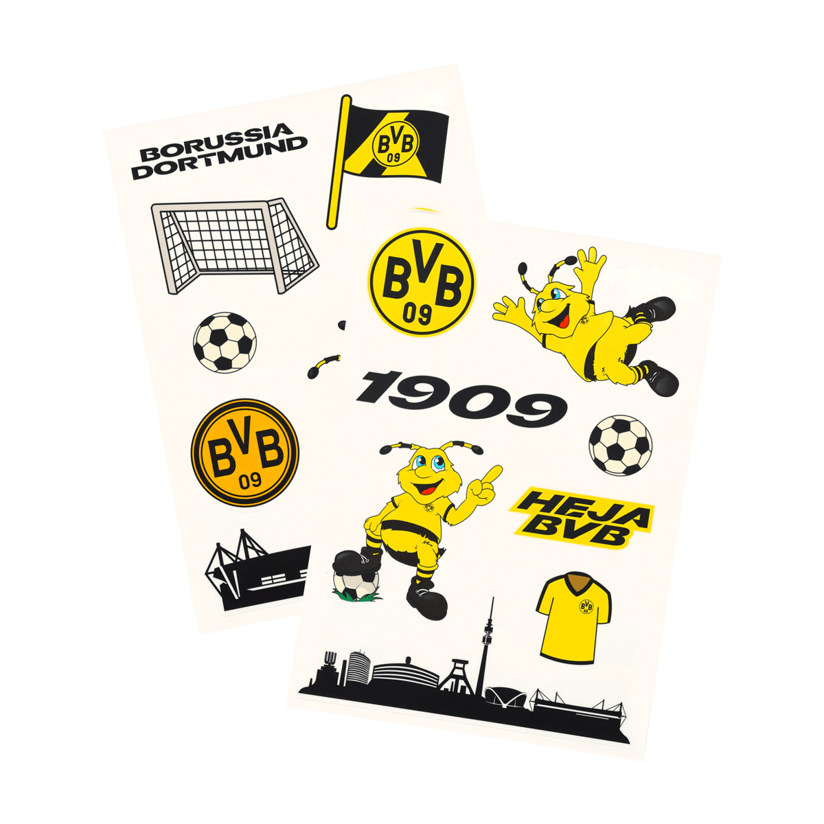 Set aus BVB Fensterbildern mit verschiedenen schwarzgelben Motiven wie dem BVB-Emblem, Maskottchen EMMA, Fußball, Stadion und „Heja BVB“-Schriftzug. Ideal für Fans von Borussia Dortmund.