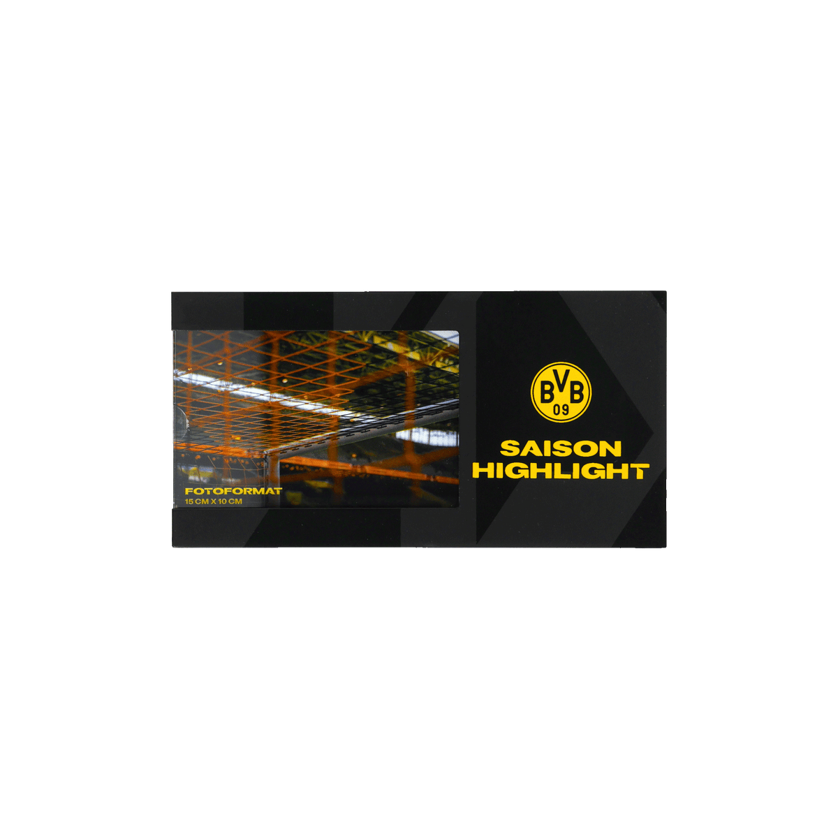 Schwarzgelber BVB-Bilderrahmen mit dem Aufdruck 'Saison Highlight'. Passend für Fotos im Format 15 x 10 cm. Ideal zur Präsentation von Stadionfotos oder Erinnerungsbildern.