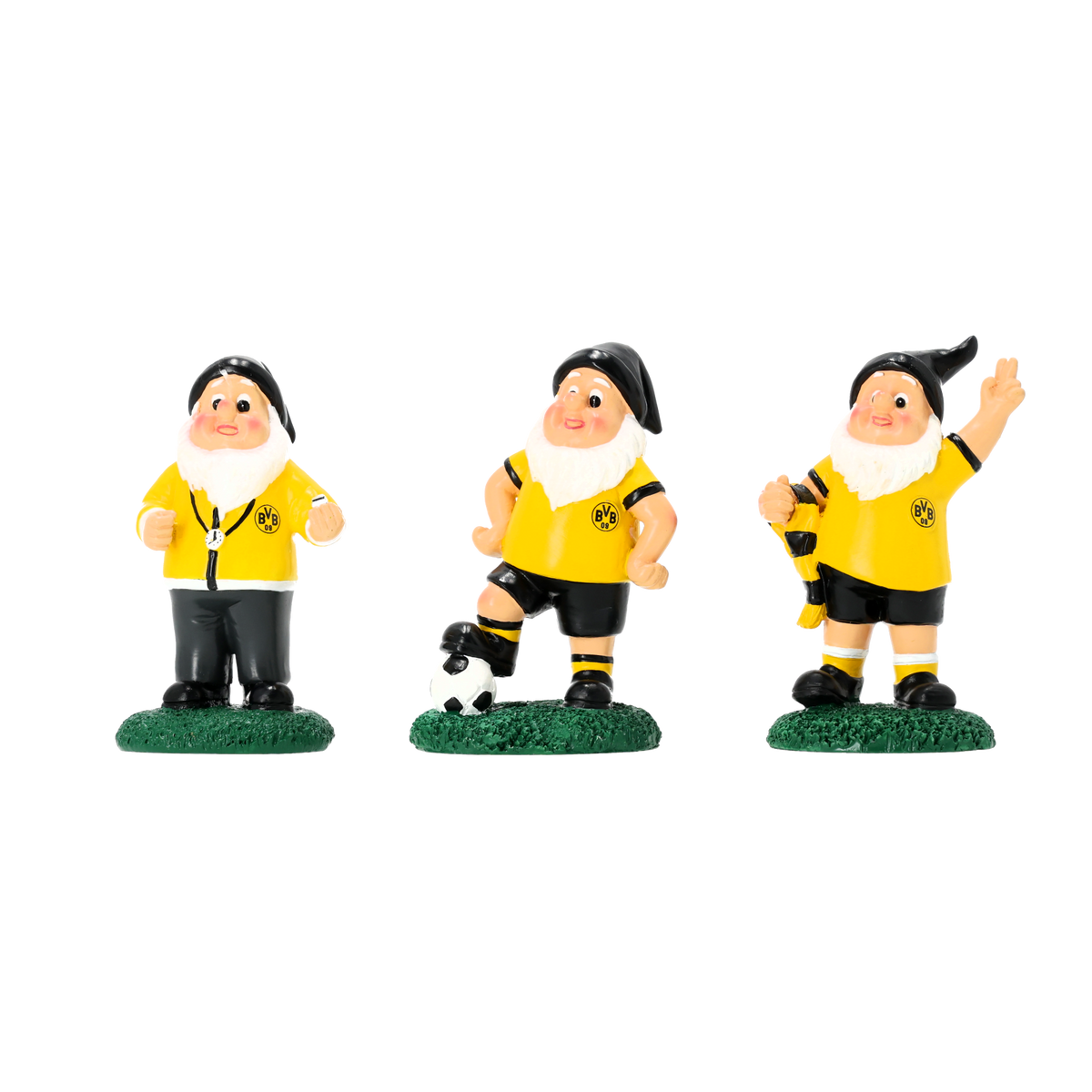 Set aus drei BVB-Gartenzwergen in schwarzgelben Outfits, perfekt als Gartendekoration oder Geschenk für Borussia Dortmund Fans.