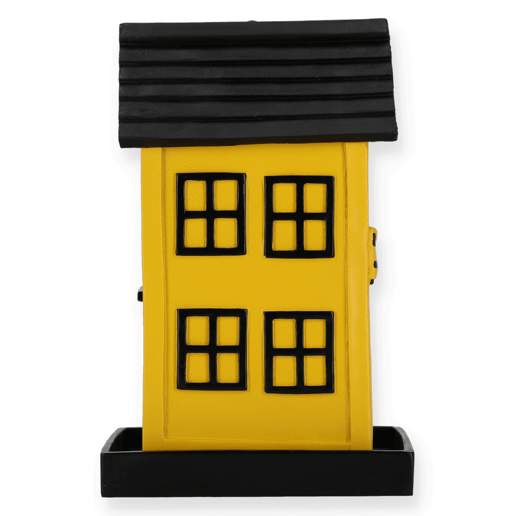 Mangiatoia per uccelli a forma di casetta con design nero e giallo nello stile del Borussia Dortmund, ideale per il giardino o il balcone.