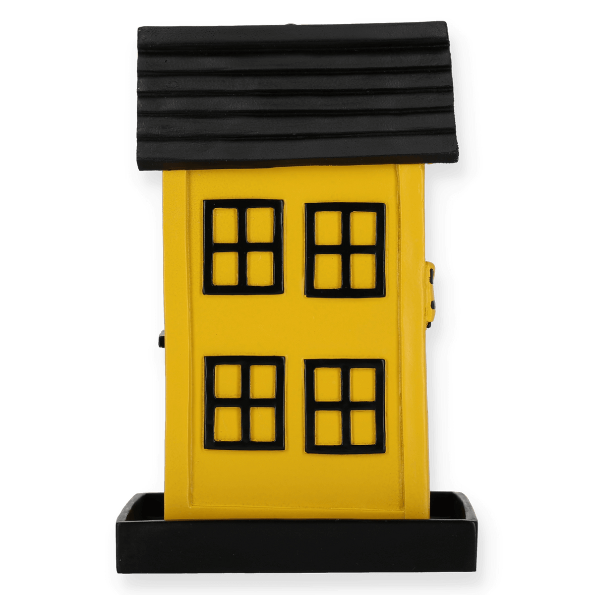 Vogelfutterhaus in Hausform mit schwarzgelbem Design im Stil von Borussia Dortmund, ideal für den Garten oder Balkon.