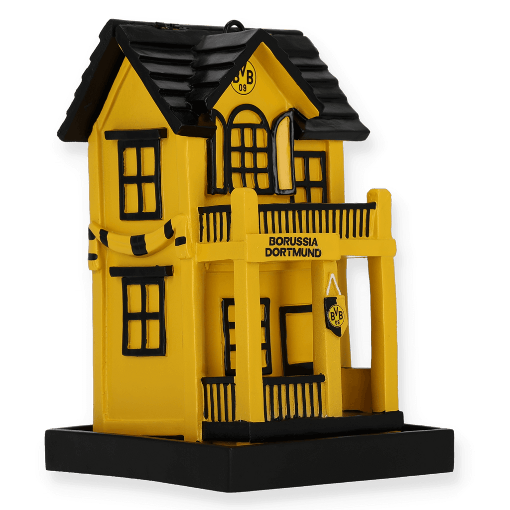 Casetta per uccelli in plastica del BVB nei colori nero e giallo, realizzata come casetta in miniatura con il logo e la scritta del Borussia Dortmund, ideale per il giardino o come decorazione.