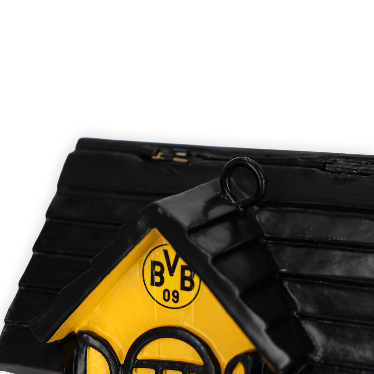 Piccola mangiatoia per uccelli nei colori nero e giallo, con il logo BVB 09 e un sistema di sospensione dal tetto, adatta sia come decorazione che come punto di alimentazione per gli uccelli.