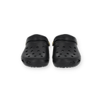 Sabots noirs du BVB avec le logo du BVB, visible à l'avant, parfaits comme chaussures de loisirs et articles pour supporters. Confortables et fonctionnels.