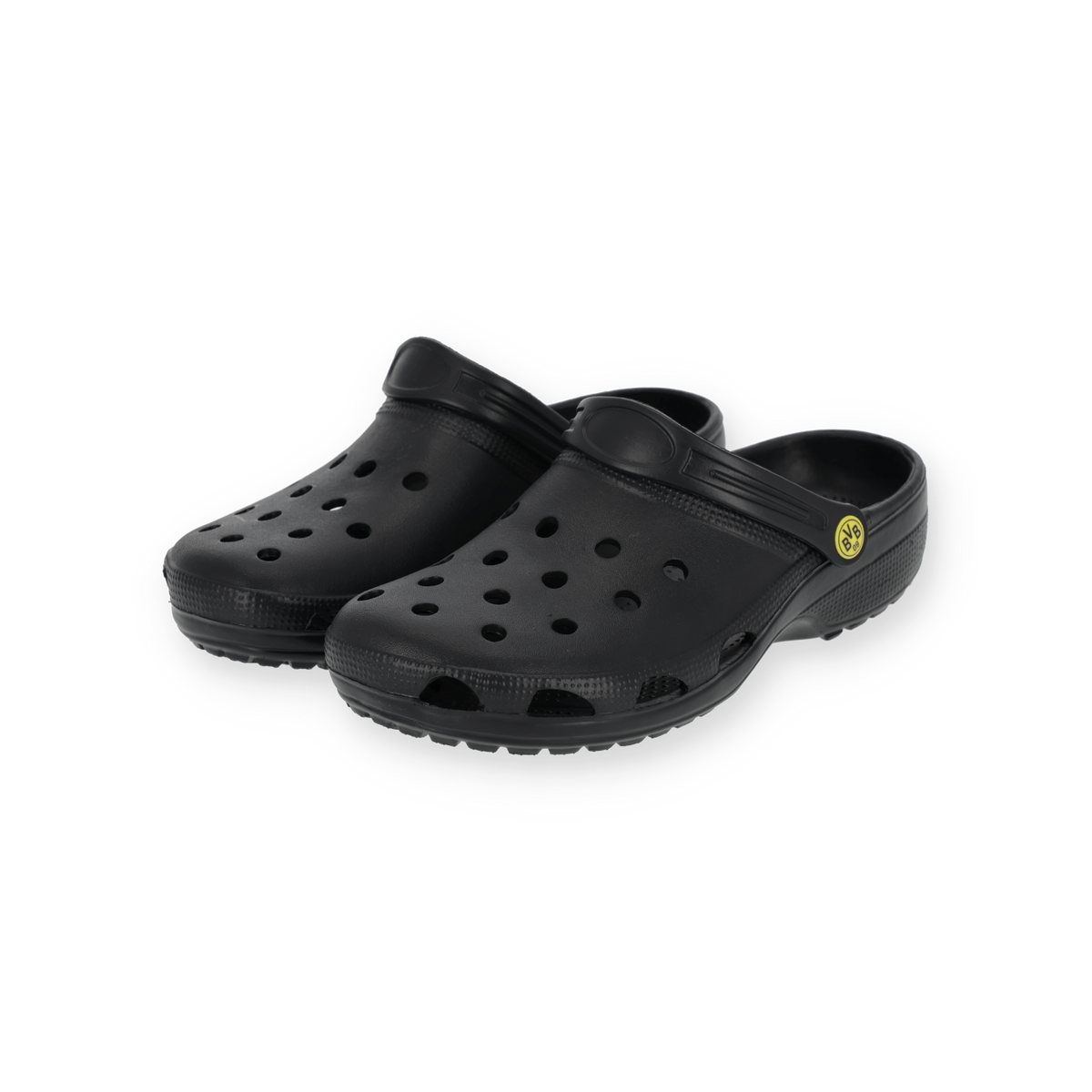 Zoccoli neri con logo giallo del BVB, ideali per i tifosi del Borussia Dortmund. Design comodo e sportivo.