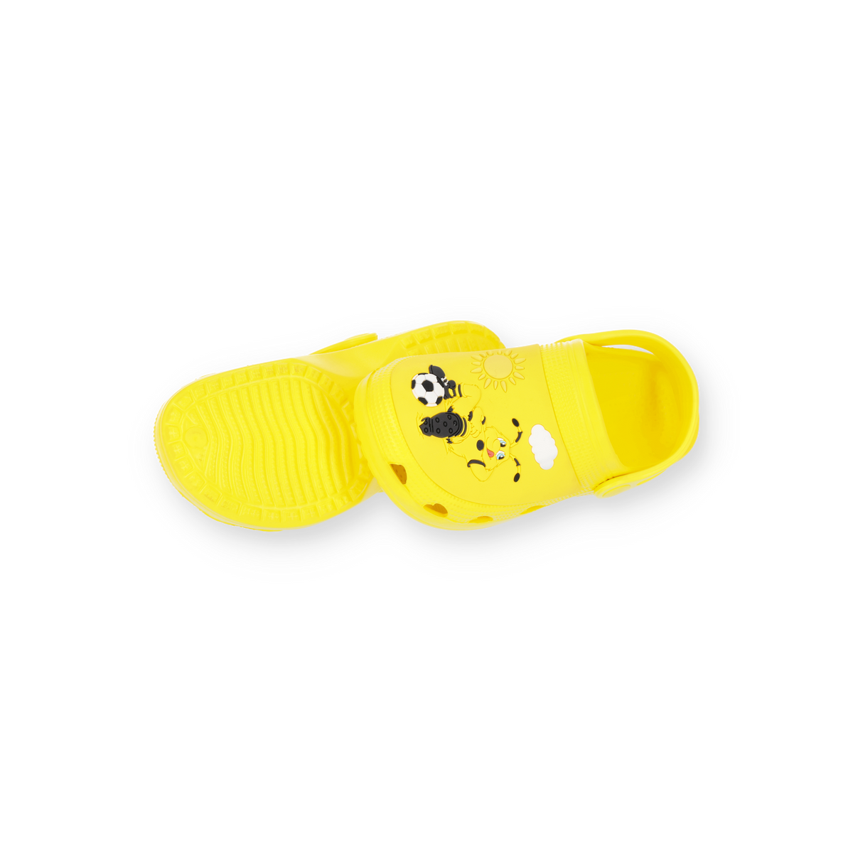 Zoccoli per bambini nei colori nero e giallo con il design del Borussia Dortmund, con motivi calcistici e solari, articoli ideali per i giovani tifosi.