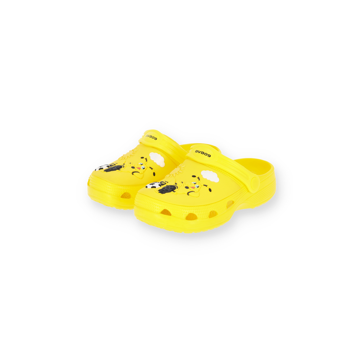 Gelbe BVB Clogs für Kinder mit auffälligem schwarzgelbem Design, BVB-Logo und verspielten Fußballmotiven, geeignet für Fans von Borussia Dortmund.