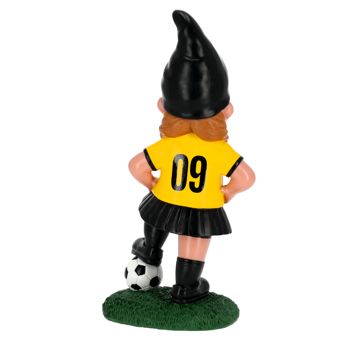 ユニフォームを着用し、背番号「09」が入った黒と黄色のBVBの庭用小人の後ろ姿。緑の芝生の上に立ち、そばにはサッカーボールが置かれている。ボルシア・ドルトムントのファングッズ。