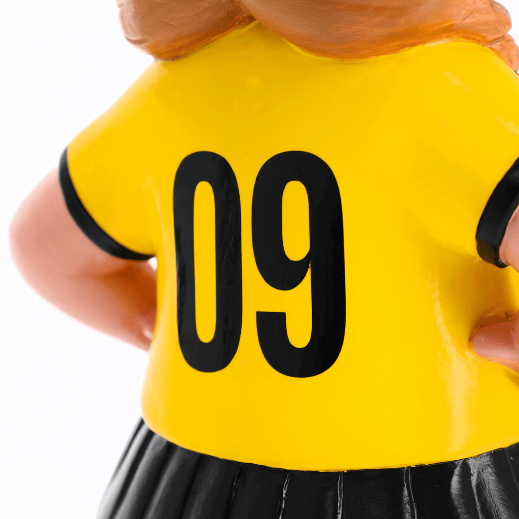 黒と黄色のBVBのガーデンノーム。背中に「09」の番号が入った小人の形をしています。ファンアイテムやインテリアとして最適です。