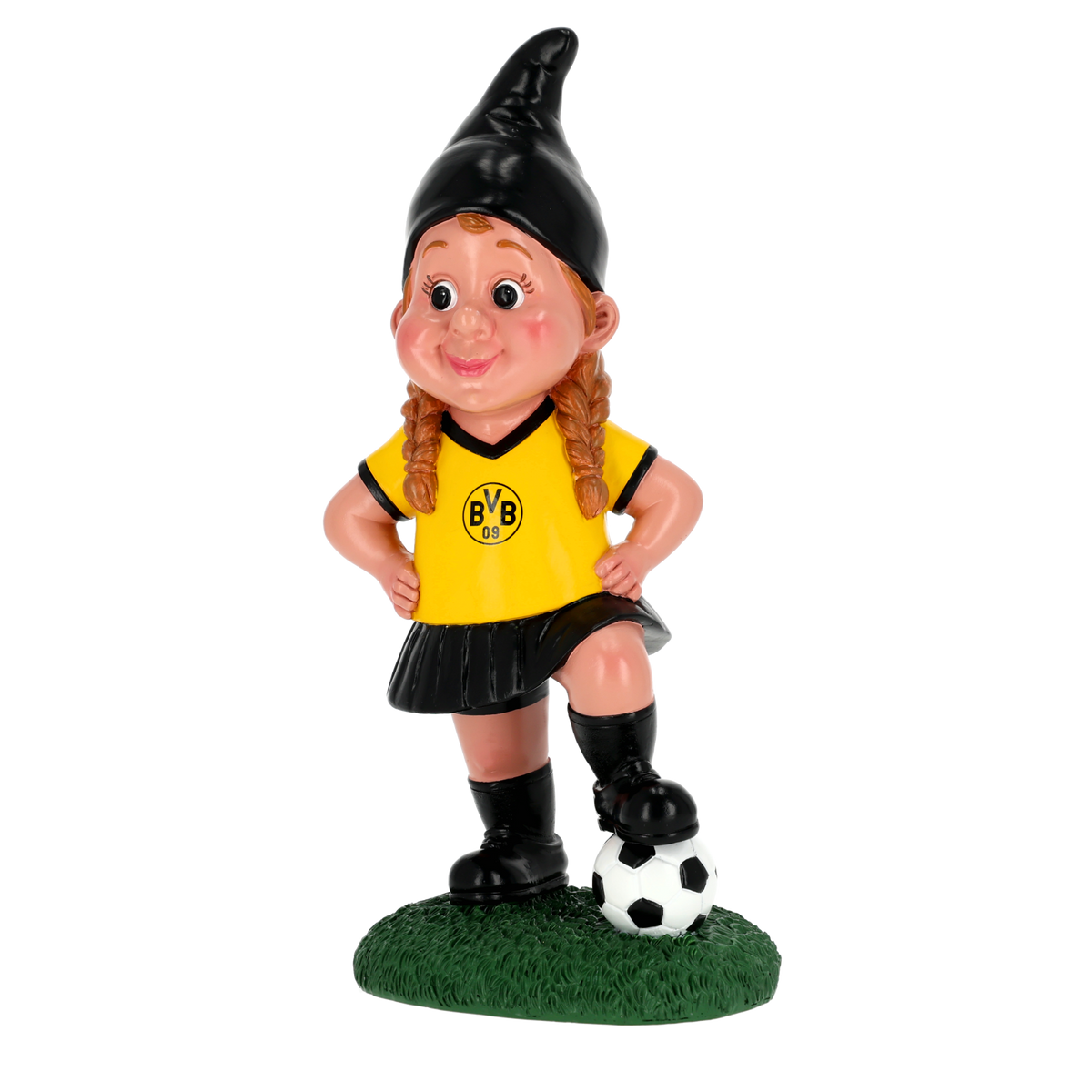 Nain de jardin du BVB noir et jaune, avec des tresses, vêtu d'un maillot du BVB et d'un chapeau noir, debout sur une pelouse verte avec un ballon de foot, idéal comme décoration pour les supporters.