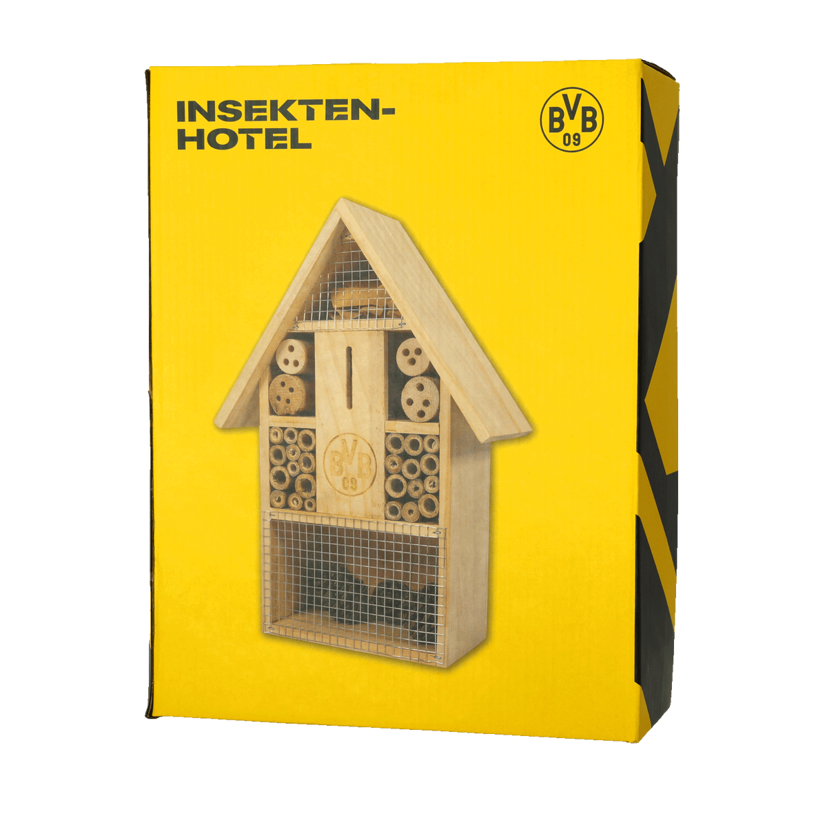 The BVB Insect Hotel 2.0, featuring a black-and-yellow design, supports environmental protection and adds a decorative touch to your garden. It features the distinctive Borussia Dortmund logo.