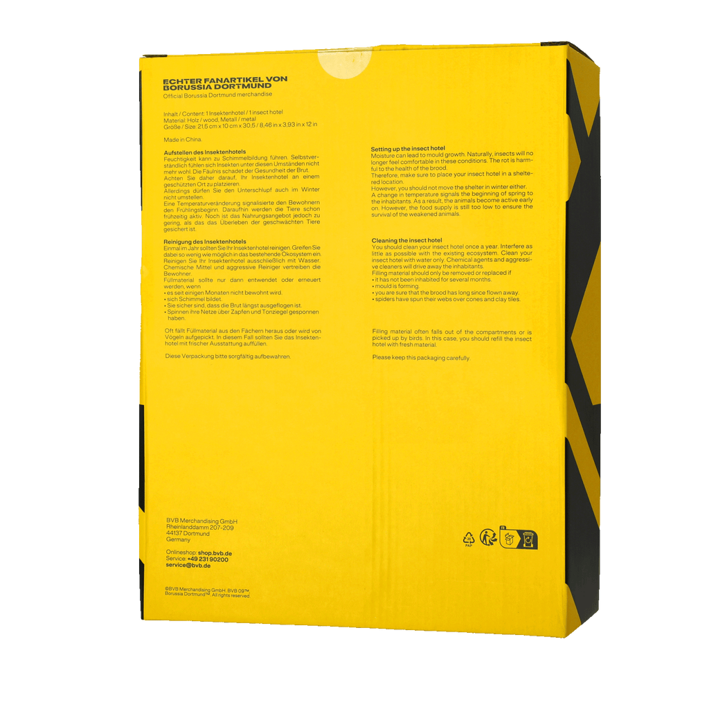 Das BVB Insektenhotel 2.0 ist ein nachhaltiger Fanartikel in schwarzgelbem Design, ideal für Gartendekoration und Umweltschutz.