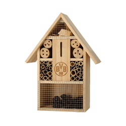 The BVB Insect Hotel 2.0, made of wood and featuring an engraved BVB logo, provides a home for insects and promotes biodiversity in the garden.