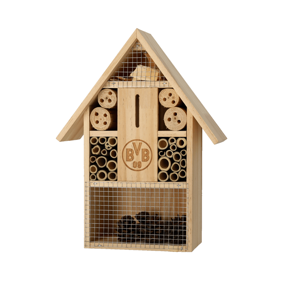 BVB Insektenhotel 2.0 aus Holz mit eingraviertem BVB-Logo, bietet ein Zuhause für Insekten und fördert die Artenvielfalt im Garten.