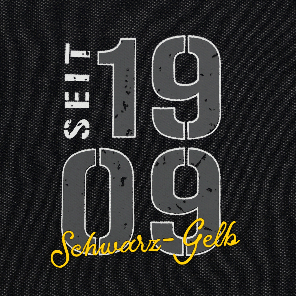 黒い背景に、灰色の「SEIT 1909」の文字と黄色の「Schwarz-Gelb」の文字が配された、BVBのファングッズのデザインの一部。