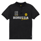 2025款黑色多特蒙德（BVB）Polo衫，配有黄色BVB徽标以及白色和黄色的“多特蒙德”字样，设计风格运动休闲。