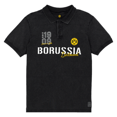 2025款黑色多特蒙德（BVB）Polo衫，配有黄色BVB徽标以及白色和黄色的“多特蒙德”字样，设计风格运动休闲。