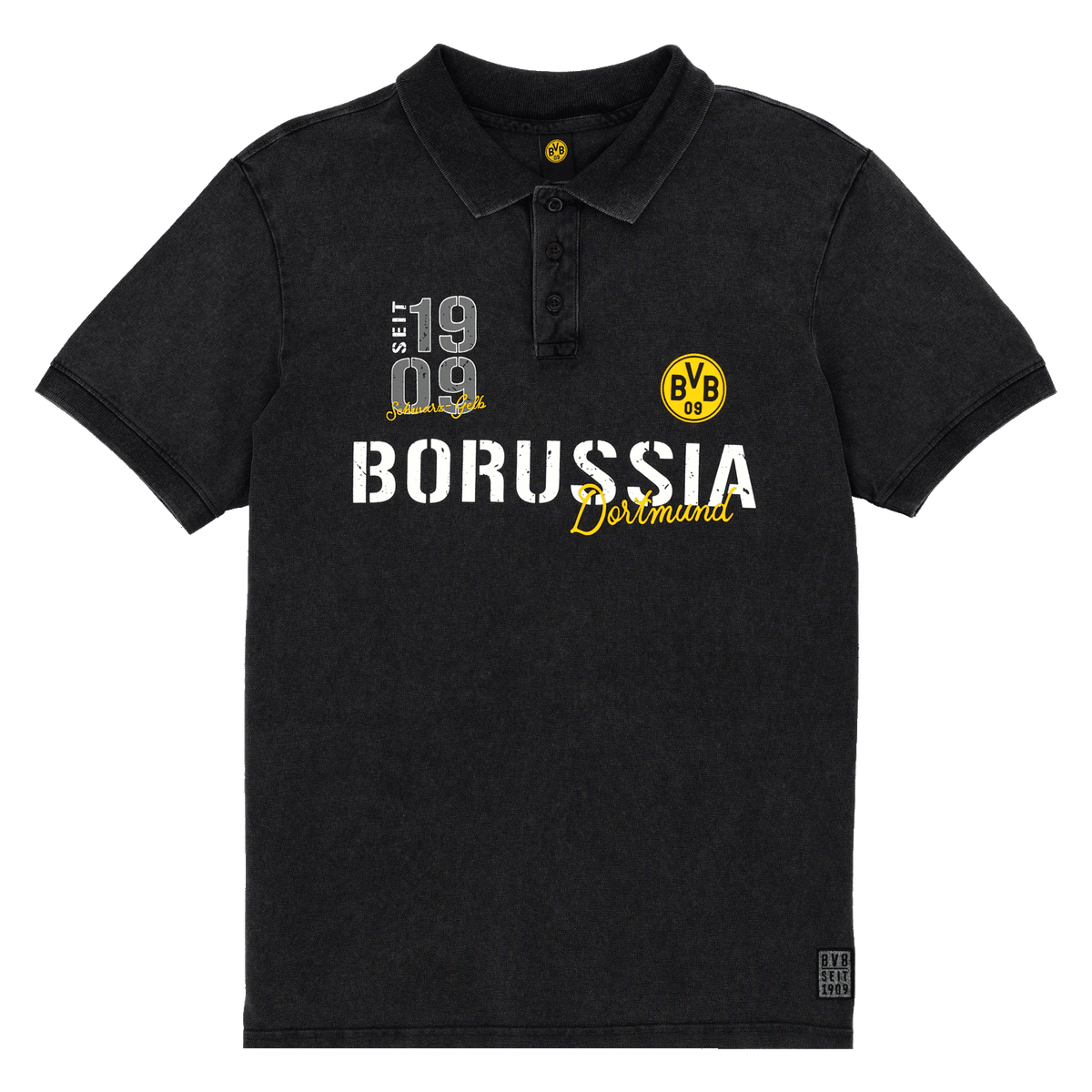 Polo noir du BVB 2025 avec l'écusson jaune du BVB, l'inscription « Borussia Dortmund » en blanc et jaune, dans un style sportif et décontracté.