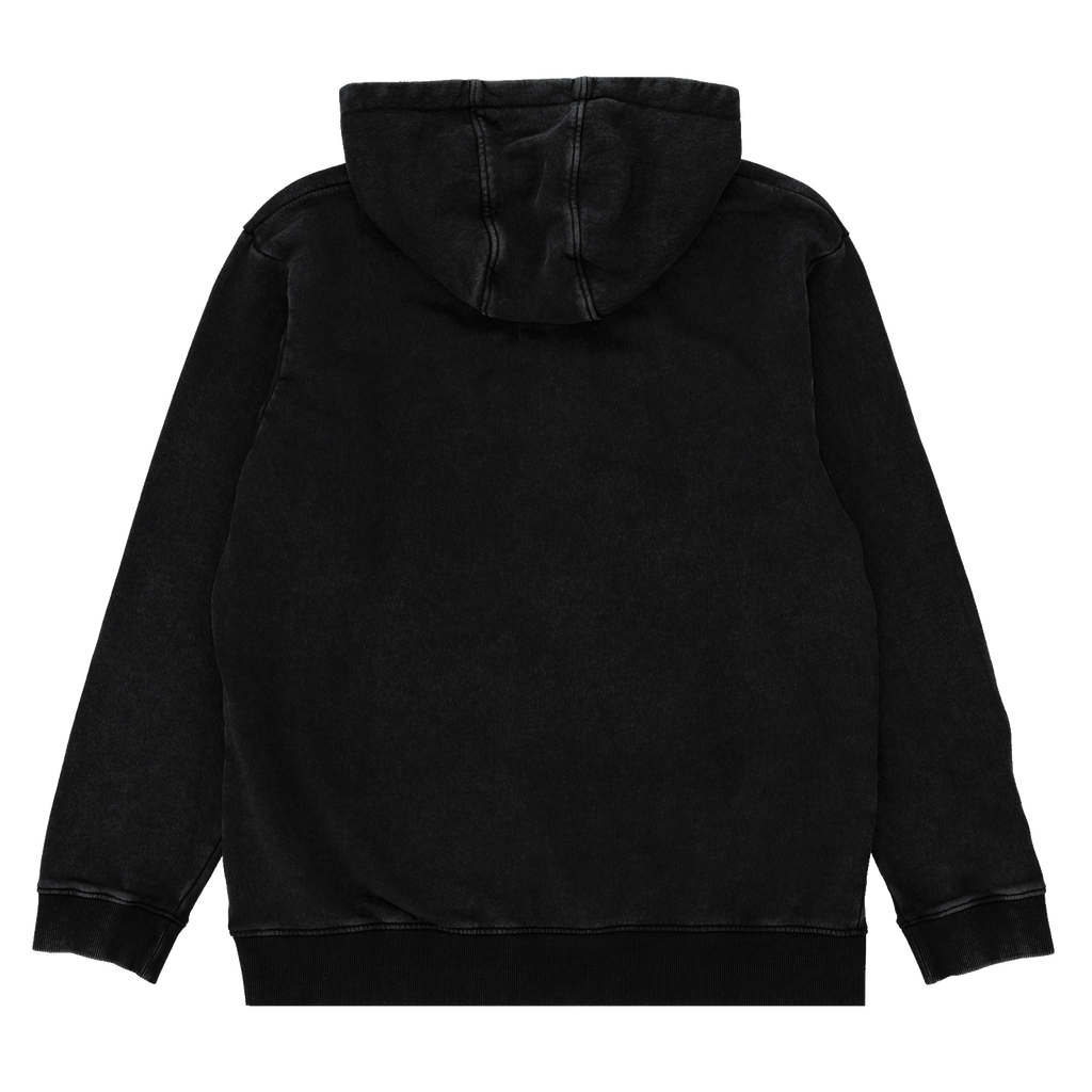 Schwarzer BVB-Hoodie aus der Elemente Kollektion, Rückansicht mit Kapuze, schlichtes Design.