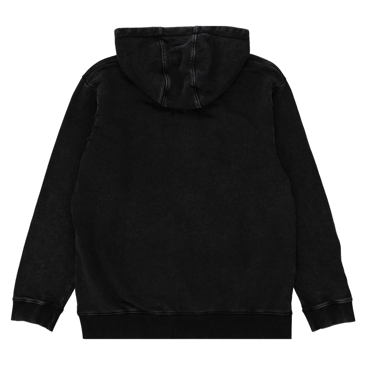 Schwarzer BVB-Hoodie aus der Elemente Kollektion, Rückansicht mit Kapuze, schlichtes Design.