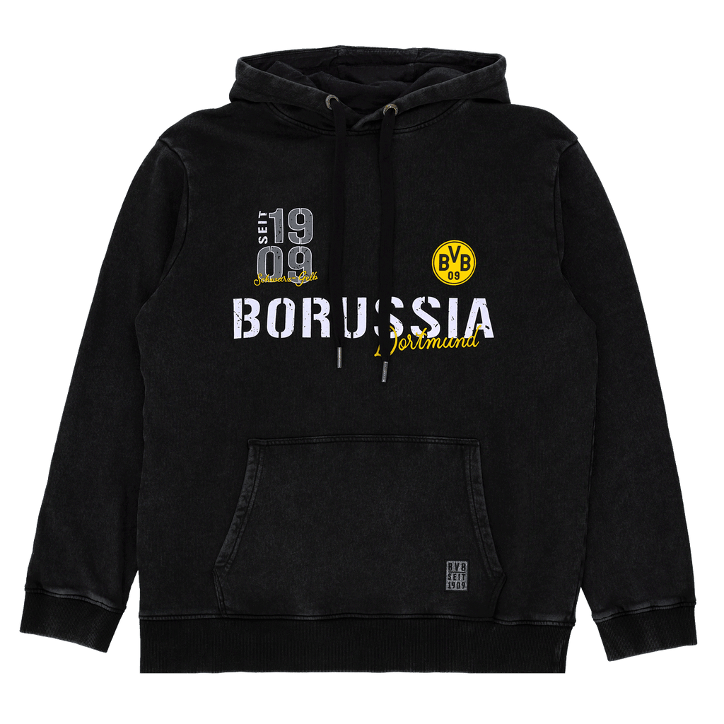 BVB schwarzer Hoodie mit gelbem BVB-Logo, weißem 'Borussia Dortmund'-Schriftzug und Jahreszahl '1909', ideal für Fans.