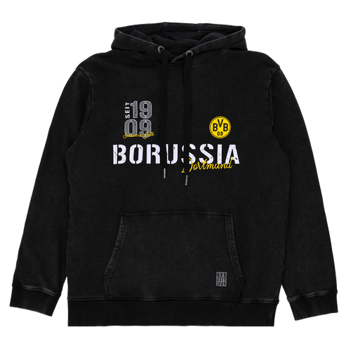 BVB black hoodie with a yellow BVB logo, white "Borussia Dortmund" lettering, and the year "1909"—perfect for fans.