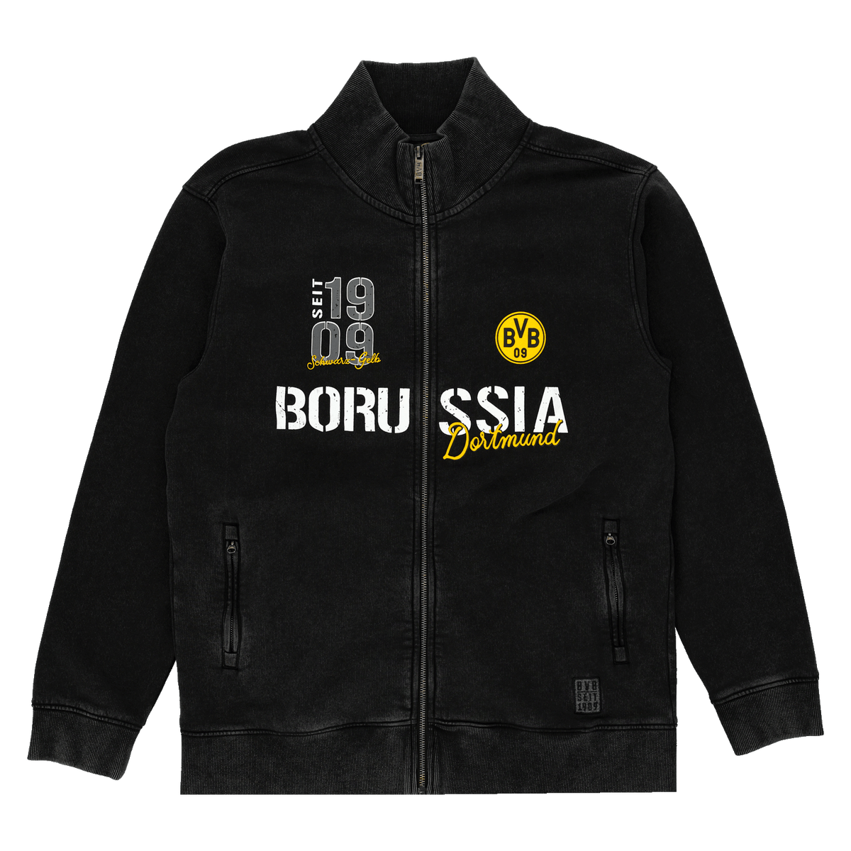 Schwarze Zipjacke von Borussia Dortmund mit gelbem BVB-Logo, '1909' und 'Borussia Dortmund'-Schriftzug; ideal für Fans und Vereinsunterstützer.
